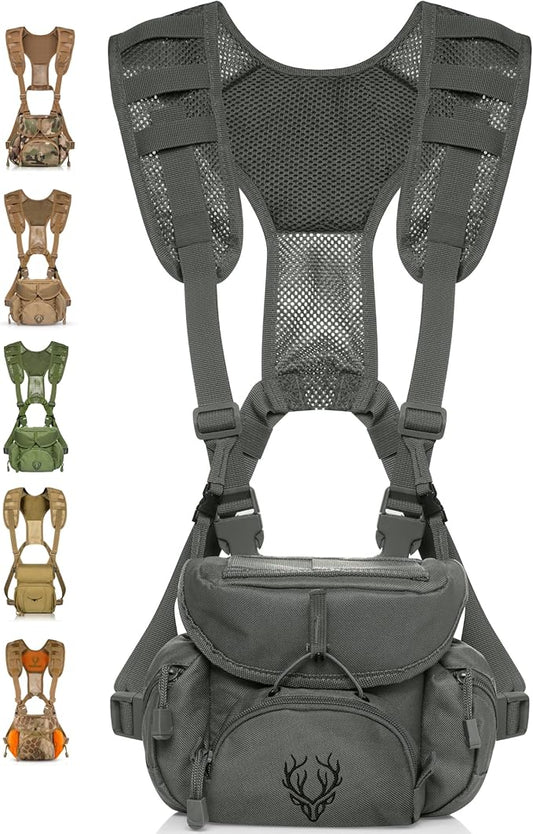 Binocular Harness Chest Pack - Lightweight Hunting Chest Rig with Rangefinder Pouch, MOLLE System Bino Harness for Bow Hunting, Tactical Chest Pack for Men, Veteran Owned Gear, Gray