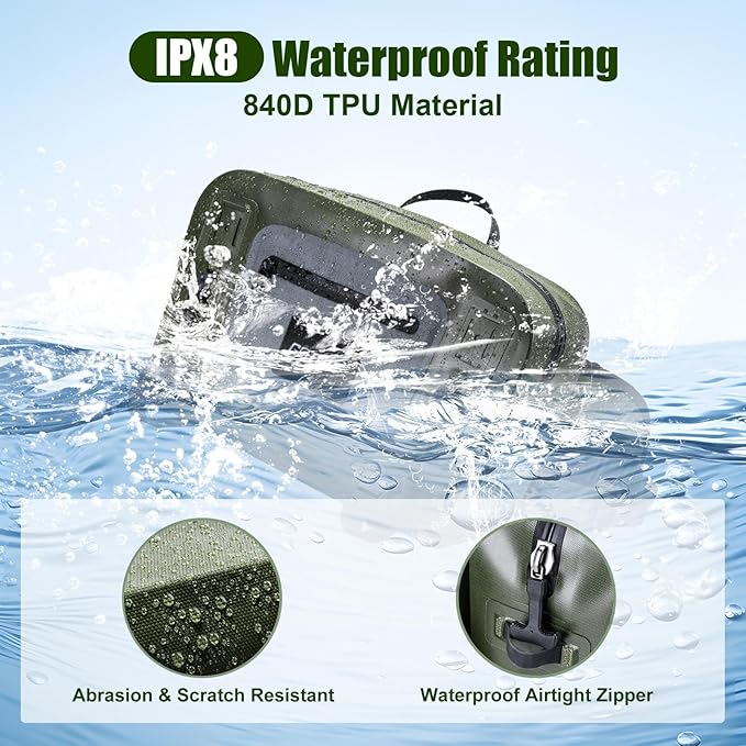 Goture Waterproof Fishing Waist Pack, IPX8 840D TPU Large Tackle Bag with Rod Holder, Airtight Zipper Closure, Fly Fishing Bag with Adjustable Waist Strap for Stream,Kayaking,Boating,Sling Fanny Pack
