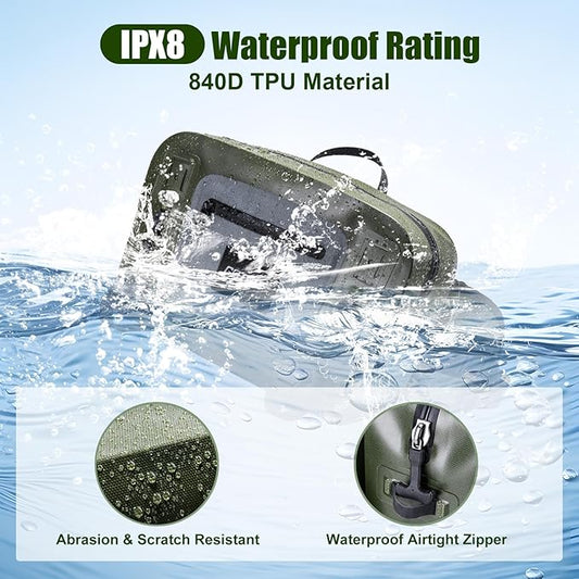 Goture Waterproof Fishing Waist Pack, IPX8 840D TPU Large Tackle Bag with Rod Holder, Airtight Zipper Closure, Fly Fishing Bag with Adjustable Waist Strap for Stream,Kayaking,Boating,Sling Fanny Pack