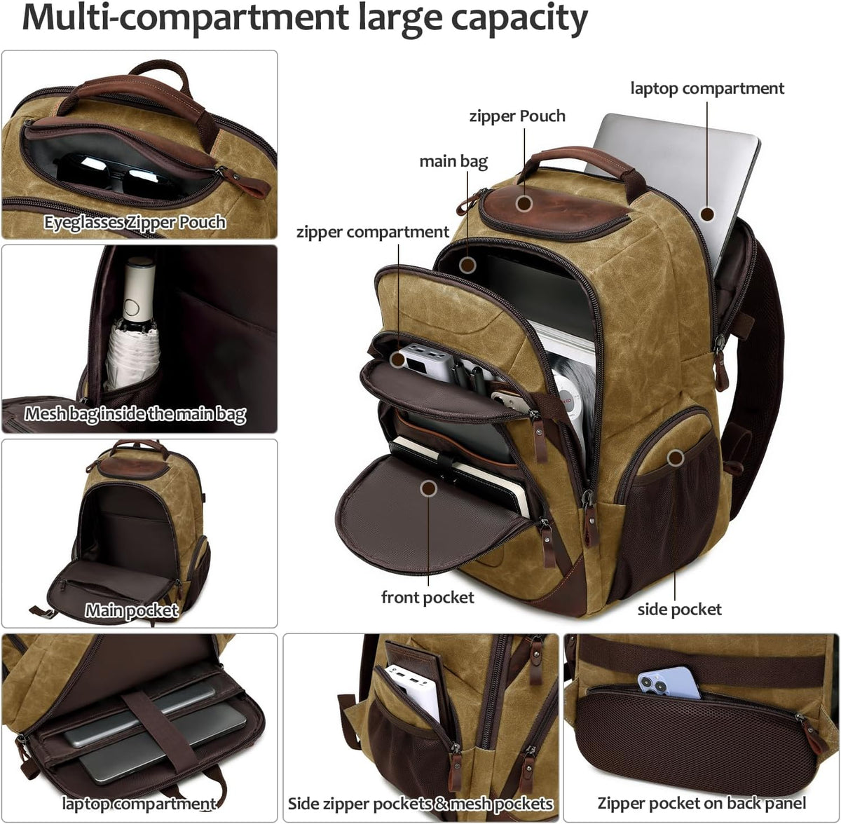 Travel Laptop Backpack 17.3 inch XL Computer Backpack for Men Waxed Canvas College Daypack Business Backpack Brown - Roamly