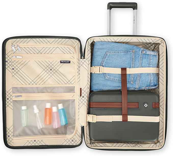 Virtuosa Hardside 21 Inch Carry On Luggage - Airline Approved with 360° Spinner Wheels, RightHeight™ Adjustable Handle - Zippered WetPak™ - TSA Lock - Expandable Light Polycarbonate Shell - Pine Green