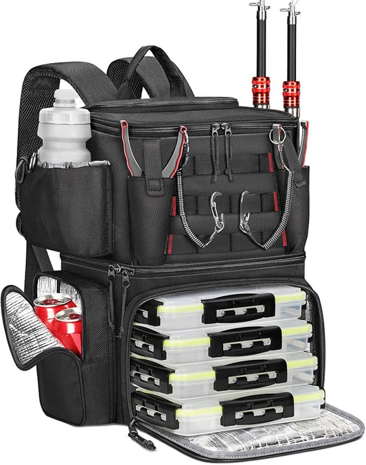 MATEIN Fishing Backpack with 4 Tackle Boxes, Fishing Bag with Rod Holder & Safety Compass & Cooler, Gifts for Fishermen