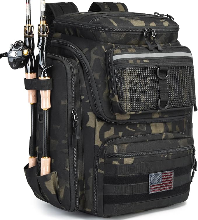 HAMBOLY Fishing Backpack with Rod Holders, 40L Tackle Box Backpack for Fishing Gear, Waterproof Fishing Bag for Men