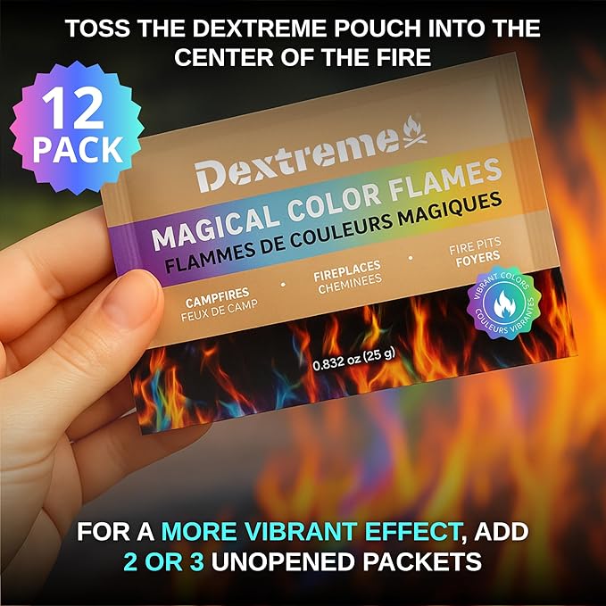 Dextreme Fire Color Changing Packets - Fire Color Packets, Color Changer for Campfires, Fire Pits, and Fireplaces, Longer Lasting Burn Time, Safe and Non-Toxic (12 Pack)