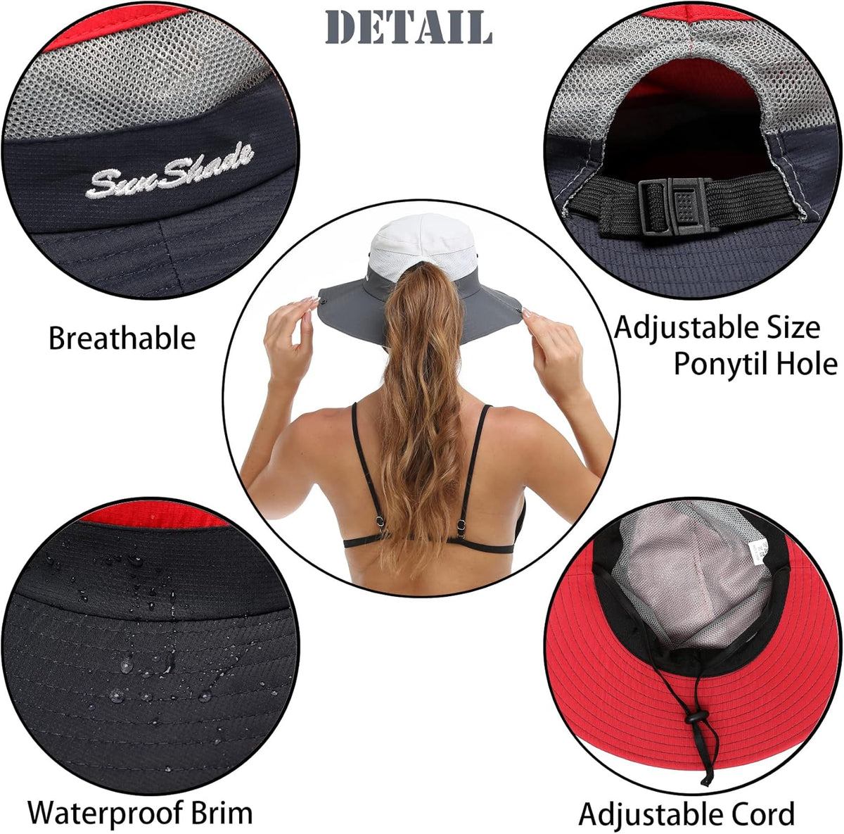 Womens Summer Sun Hat Beach Hat Wide Brim Outdoor UV Protection Hat Foldable Cool Mesh Ponytail Bucket Hat