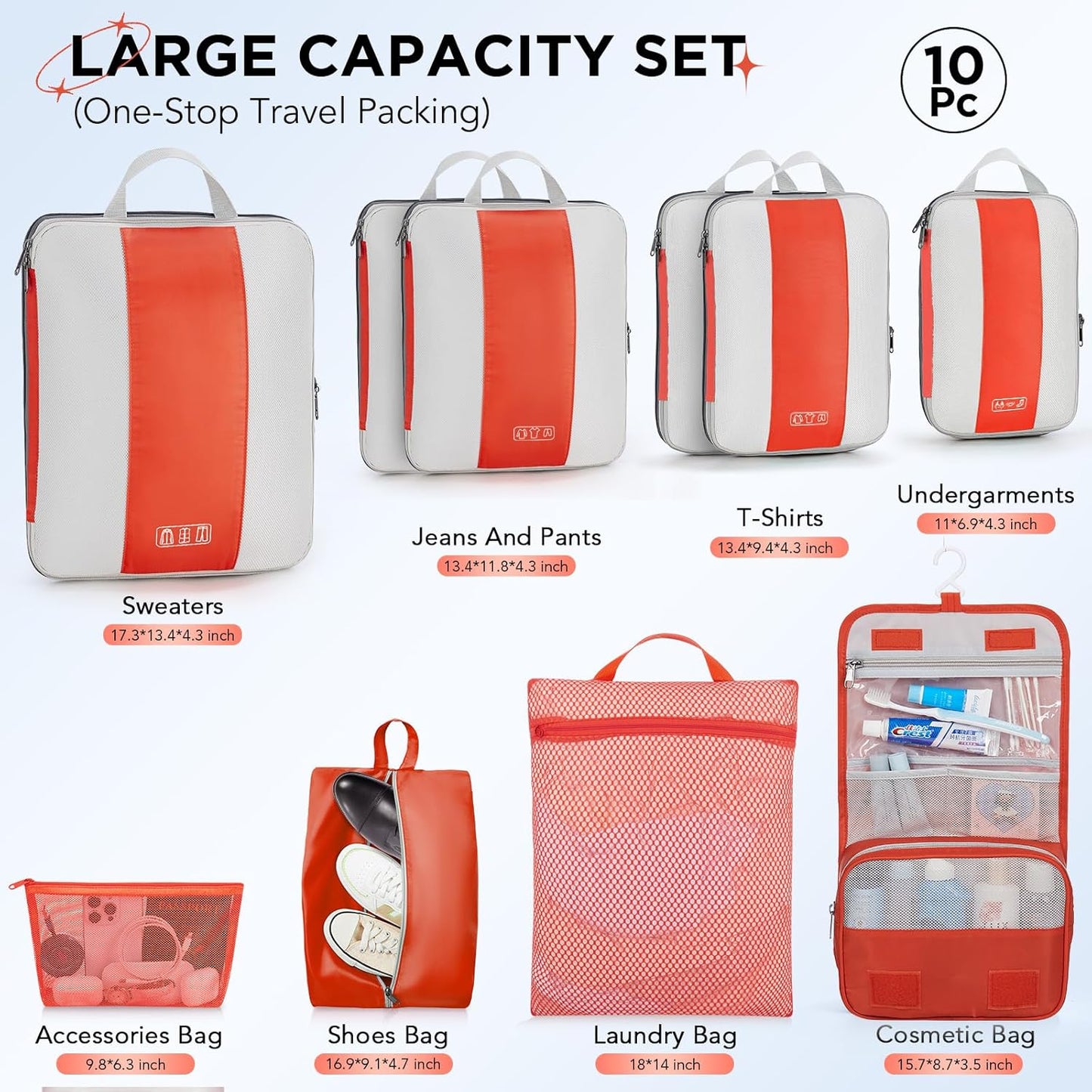 10 Set Compression Packing Cubes for Travel Essentials,Compressible Expandable Packing Cubes for Suitcase,OlarHike Luggage Organizer Bags for Travel,Handy Helper for Organizing Clothes(Orange) - Roamly