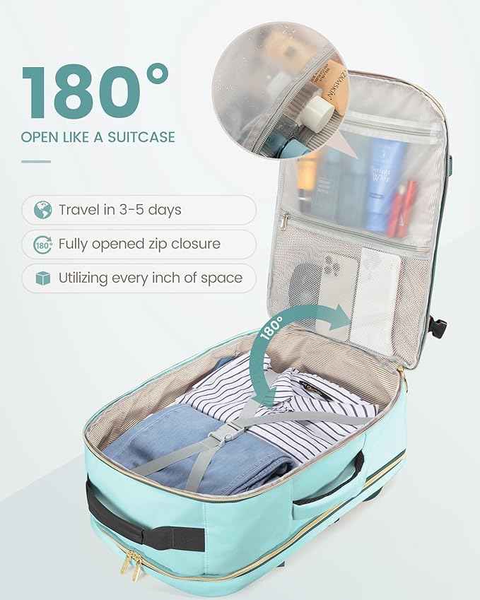 LOVEVOOK Travel Backpack for Women & Men 40L,Airline Approved Carry On Backpack Travel Essentials,TSA Carry on Luggage,Waterproof Personal Item Travel Bag,Suitcase with 3 Packing Cube,Mint green-Black