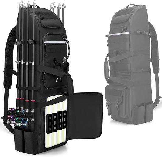 Rexmica Fishing Rod Bag Backpack Holds 8 Rods & Reels, Fishing Tackle Bag with Compartment for Tackle Boxes, Fishing Gear or Equipment, Fishing Pole Carrying Bag with Tactical Molle System