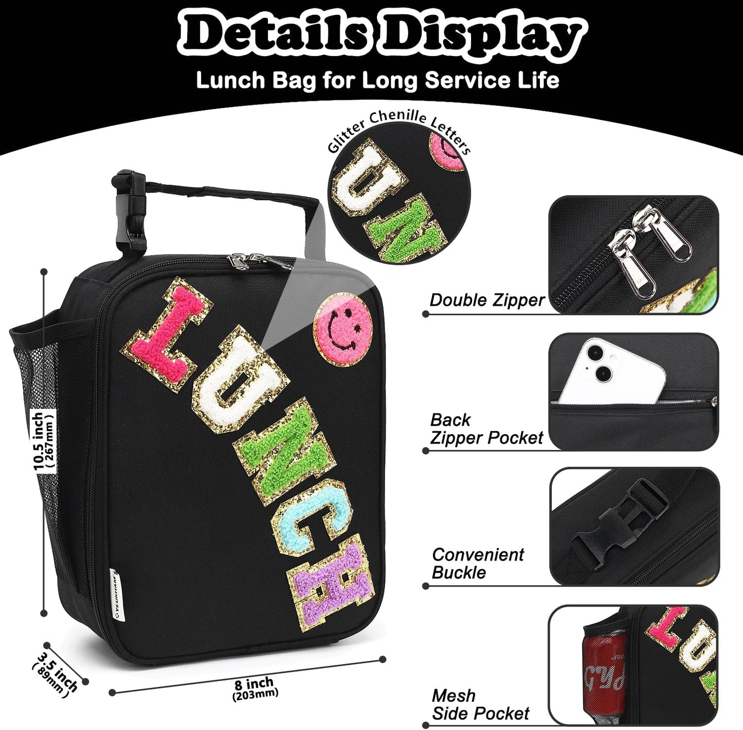 FlowFly Lunch box Insulated Soft Bag Mini Cooler Back to School Thermal Meal Tote Kit With Buckle and Mesh Side Pocket for Girls, Boys, BlackWithLetter