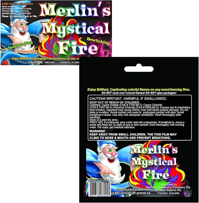 Merlin's Mystical Fire Color Changing Packets- Pack of 6, 0.882 oz Each- Long Lasting Enchanted Multi-Color Magical Flames- Flame Color Changer for Fire Pits & Outdoor Fireplaces- Campfire Accessories