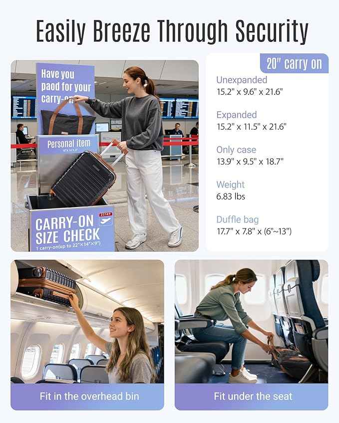 LIGHT FLIGHT Luggage Sets, Carry On Luggage 22x14x9 Airline Approved, Carry On Travel Bag Suitcases with Wheels, Expandable Hardside Lightweight Rolling with TSA Lock 2-Piece Set (DB/20),Black/Brown