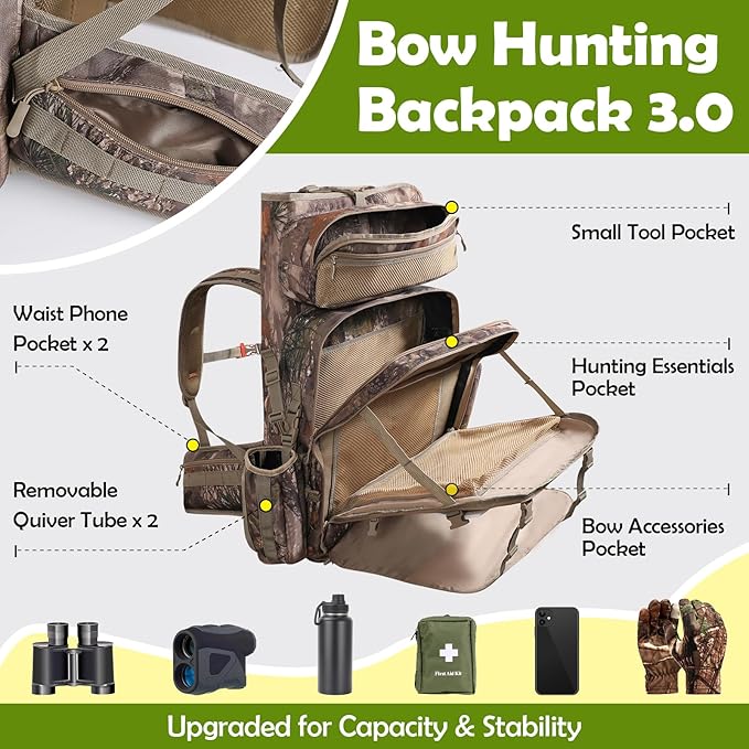 Bow Hunting Backpack 3.0 for Men, Saddle Camo backpack with Bow Holder, Compound Bow Hunting Bag for Saddle Hunting Deer and Elk