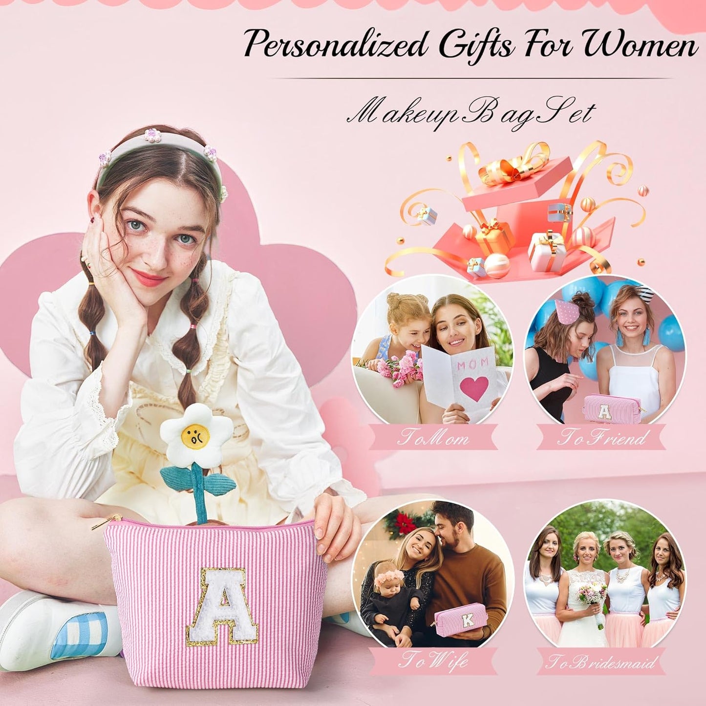 YOOLIFE Personalized Initial Makeup Bag for Women | Pink Cosmetic Travel Toiletry Bag | 11 12 13 14 15 16 Years Old Girl Gifts | Preppy Stuff Teen Girl Gift Trendy Stuff A - Roamly