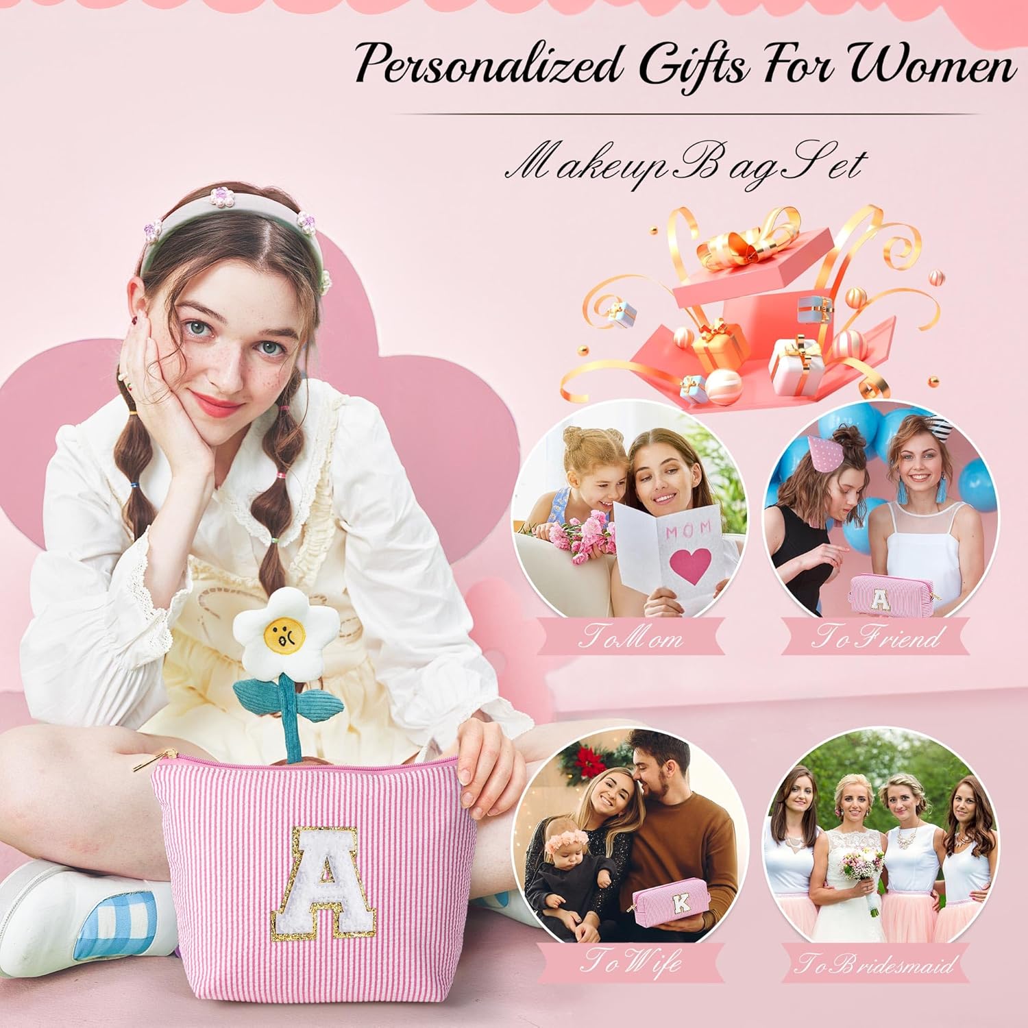 YOOLIFE Personalized Initial Makeup Bag for Women | Pink Cosmetic Travel Toiletry Bag | 11 12 13 14 15 16 Years Old Girl Gifts | Preppy Stuff Teen Girl Gift Trendy Stuff A - Roamly