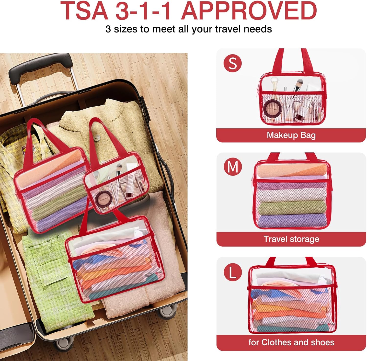 XEWEA Clear Travel Toiletry Bags, 3 Pack TSA Approved Transparent Makeup Bag for Men Women, Large Waterproof PVC Quart Organizer Kit with Zipper for Toiletries Airline Essential,Toy Storage Pouch Red - Roamly