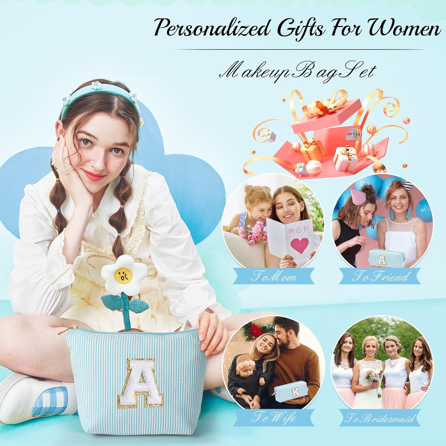 YOOLIFE Cute Makeup Bag for Girls Women - Cosmetic Bags for Teen Girl | Personalized Gifts for Women Her | Bridal Shower Gifts | Birthday Gifts for 3 4 5 6 7 8 9 10 11 12 13 Year Old Girls Initial A - Roamly