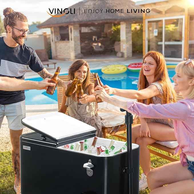 VINGLI 80 Quart Wagon Rolling Cooler Ice Chest, w/Long Handle and 10" Wheels, Portable Beach Patio Party Bar Cold Drink Beverage, Outdoor Park Cart on Wheels