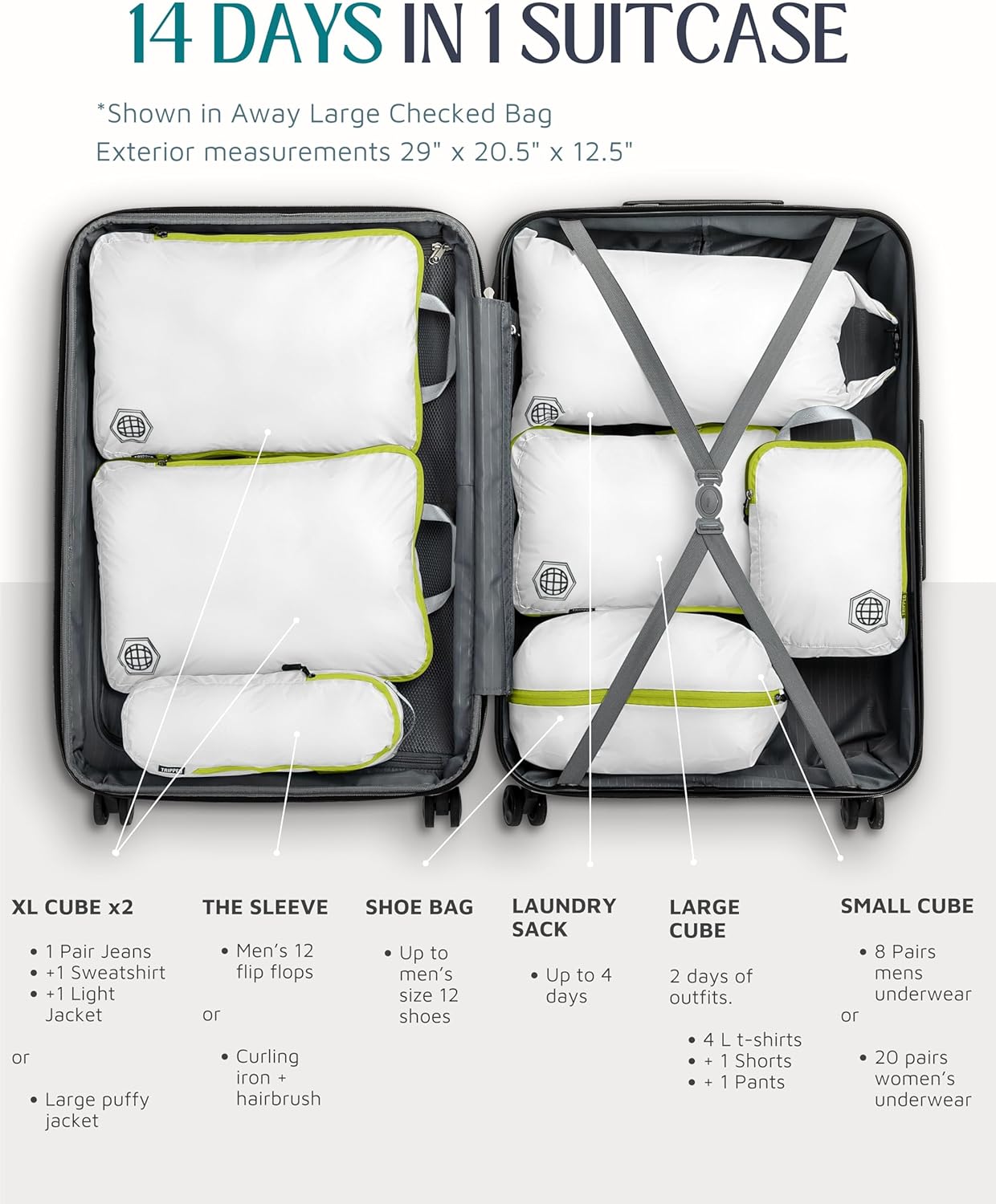 Large Compression Packing Cubes for Travel-Packing Cube Luggage Organizers 7 Piece Set for Checked Luggage-Ultralight, Expandable/Compression Bags by TRIPPED Travel Gear (White/Green) - Roamly