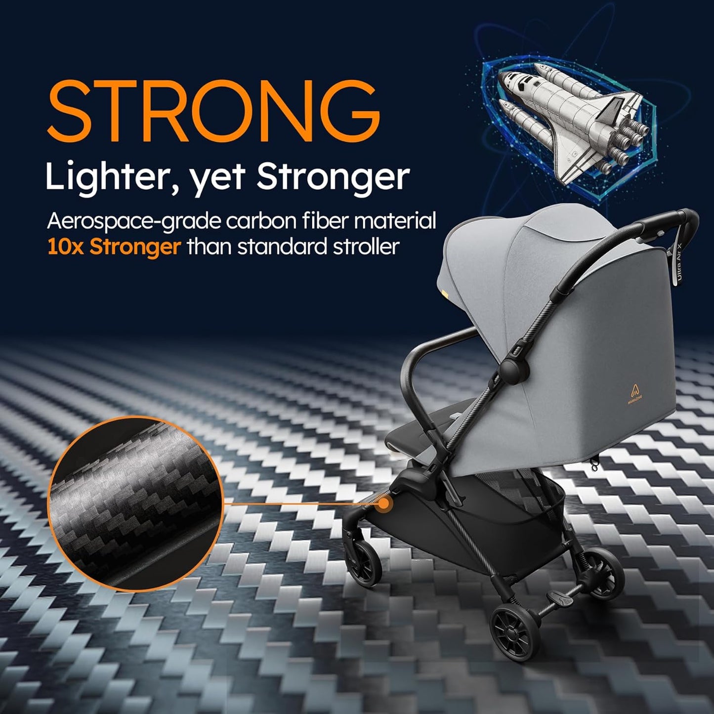 Lightweight Baby Strollers for Airplane, Ultra-Compact Travel Stroller, Light & Strong Portable Toddler Stroller with Carbon Fiber Frame and UPF 50+ Waterproof Canopy, Only 9.9 lbs, Grey