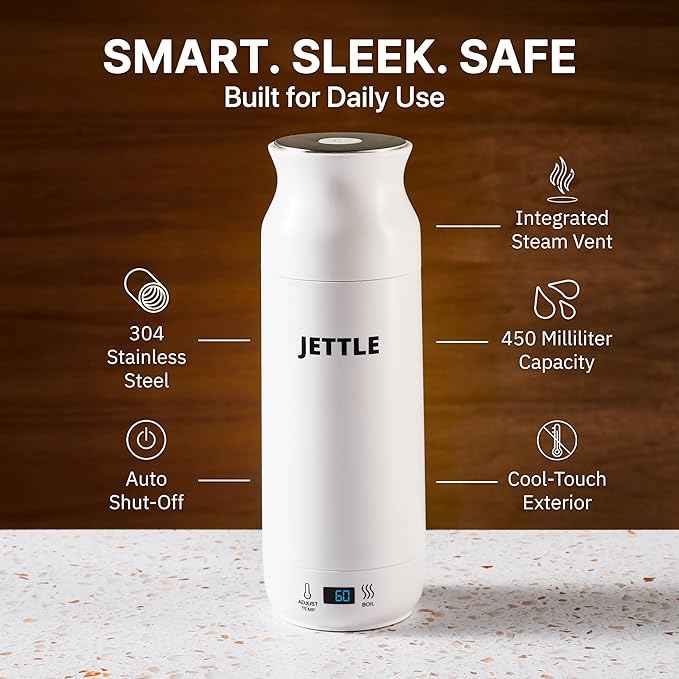 Jettle Electric Kettle - Travel Portable Heater for Coffee Tea Milk Soup - Stainless Steel Travel Water Boiler tea pot with Temperature Control - LED - Automatic Power Off - 450ml - Kitchen Appliance