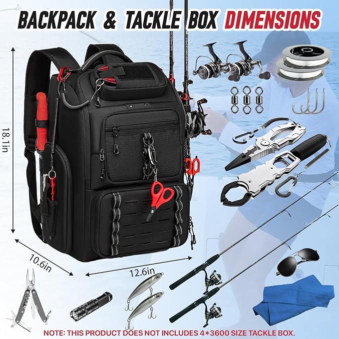 Fishing Tackle Backpack,40L Tackle Bag with 2 Rod Holders,Water-Resistant Large Storage Fishing Gear and Equipment(Black)