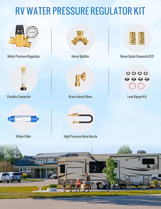 RV Water Pressure Regulator Kit, RV Fresh Water Kit All-in-One Sprinkler Blowout Adapter, Inline Water Filter, Hose Splitter, Brass Elbow, Flexible Connector, Hose Quick Connects, Leak Repair Kit