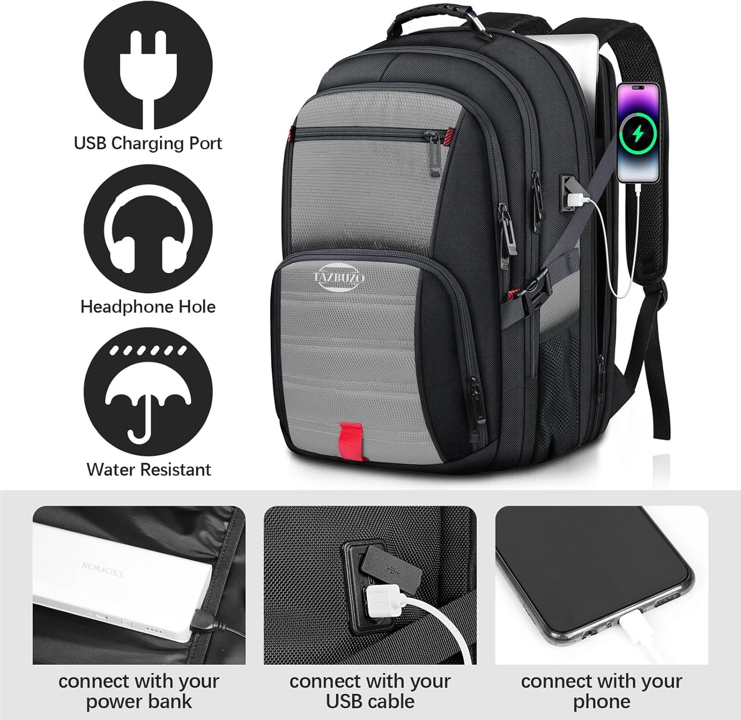 18.4 Inch Extra Large Travel Backpack, TSA Laptop Backpack with USB Port, 55L Water Resistant Carry on College School Computer Backpack Men Women, Grey - Roamly
