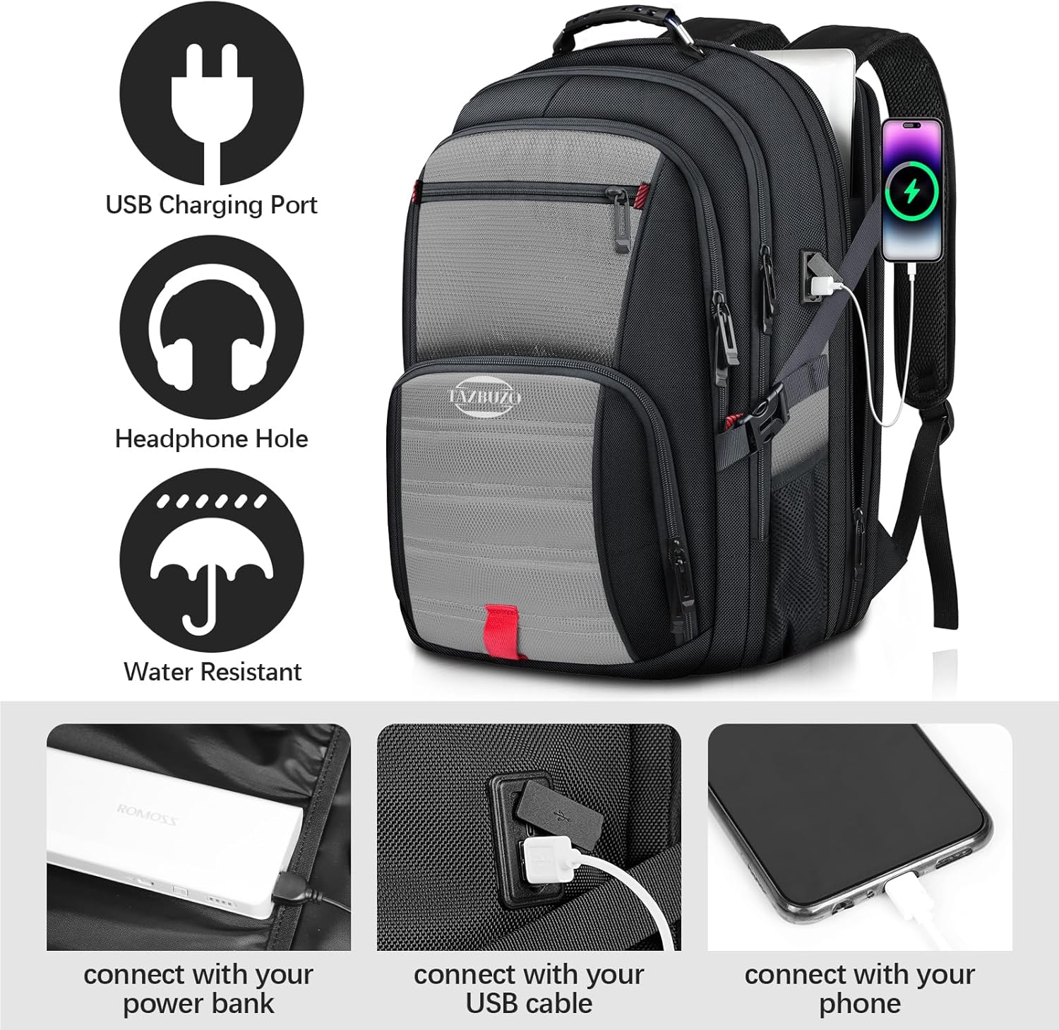 18.4 Inch Extra Large Travel Backpack, TSA Laptop Backpack with USB Port, 55L Water Resistant Carry on College School Computer Backpack Men Women, Grey - Roamly
