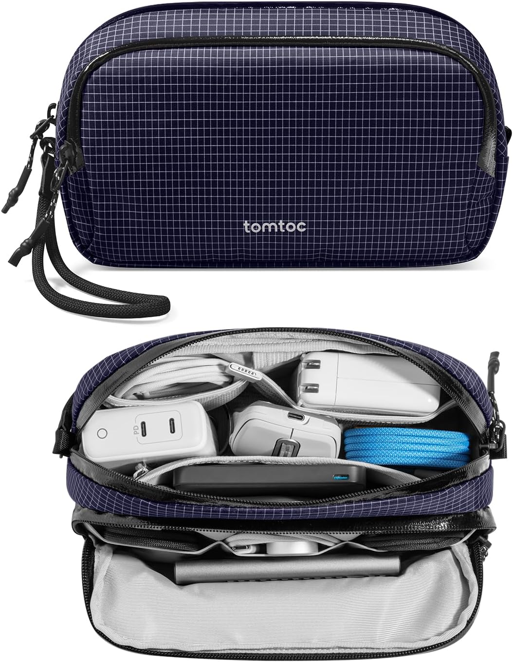 tomtoc Electronic Organizer Travel Case Performance, Water Resistant Dual Compartment Cable Organization Storage Bag for Charger, Cord, Phone, Hard Drive, Power Bank, Accessories Travel Essentials - Roamly