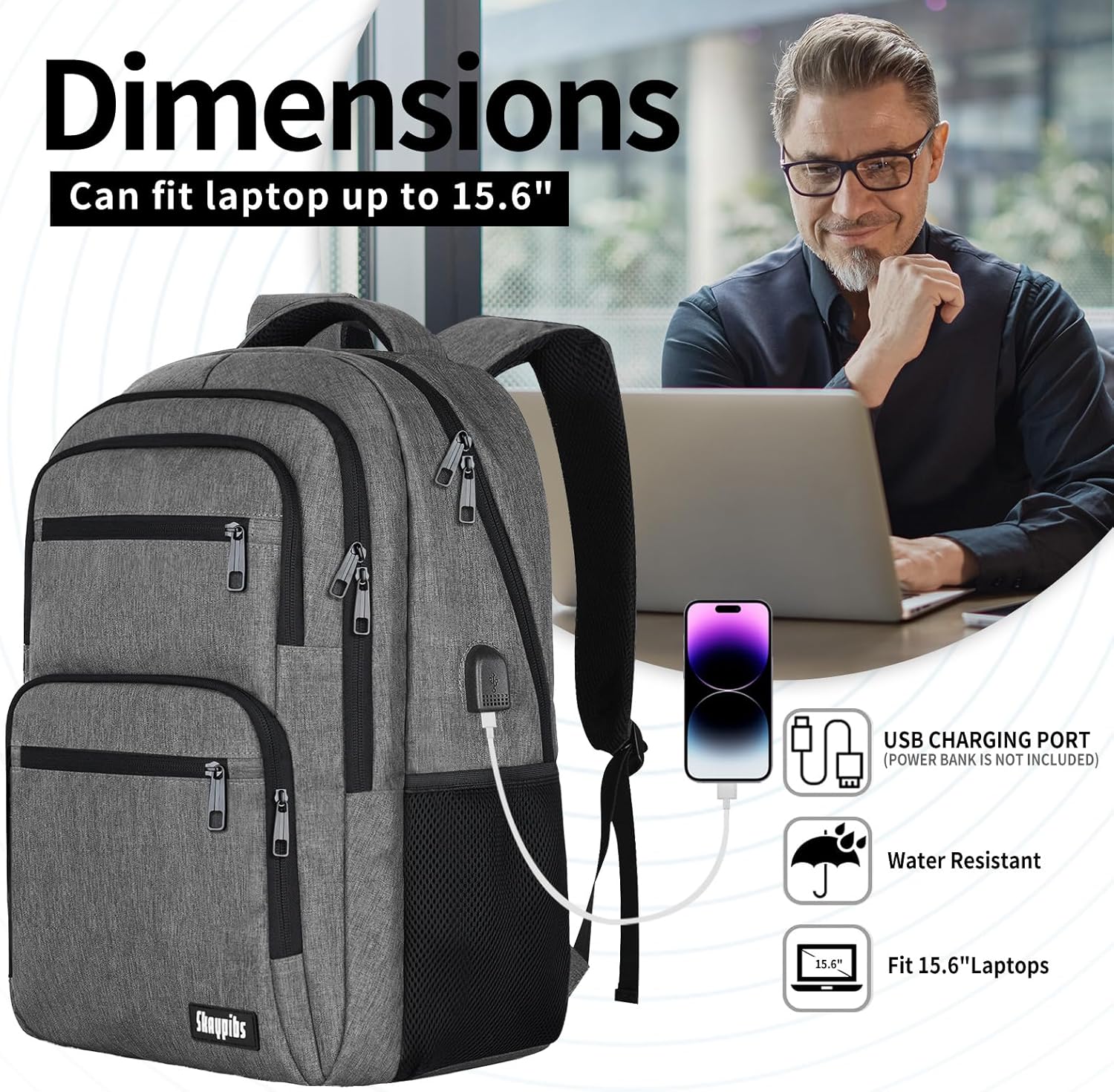 Travel Laptop Backpack, Business Carry on Backpack Flight Approved Backpack, Large Travel Work Backpacks for Men Women with USB Charger Port, Rucksack Bag, Mochila de viaje, Grey - Roamly