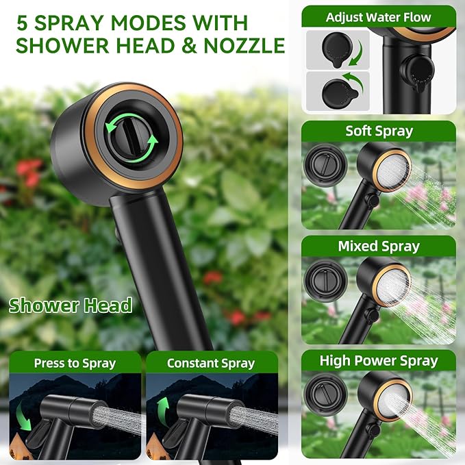 New Gen Portable Camping Shower, Long-Lasting 6000mAh Rechargeable Camp Shower with Shower Head & Sprayer,Upgraded Pressure,5 Spray Modes,IPX8 Waterproof Outdoor Camp Pump for Hiking, Travel, Car, Pet