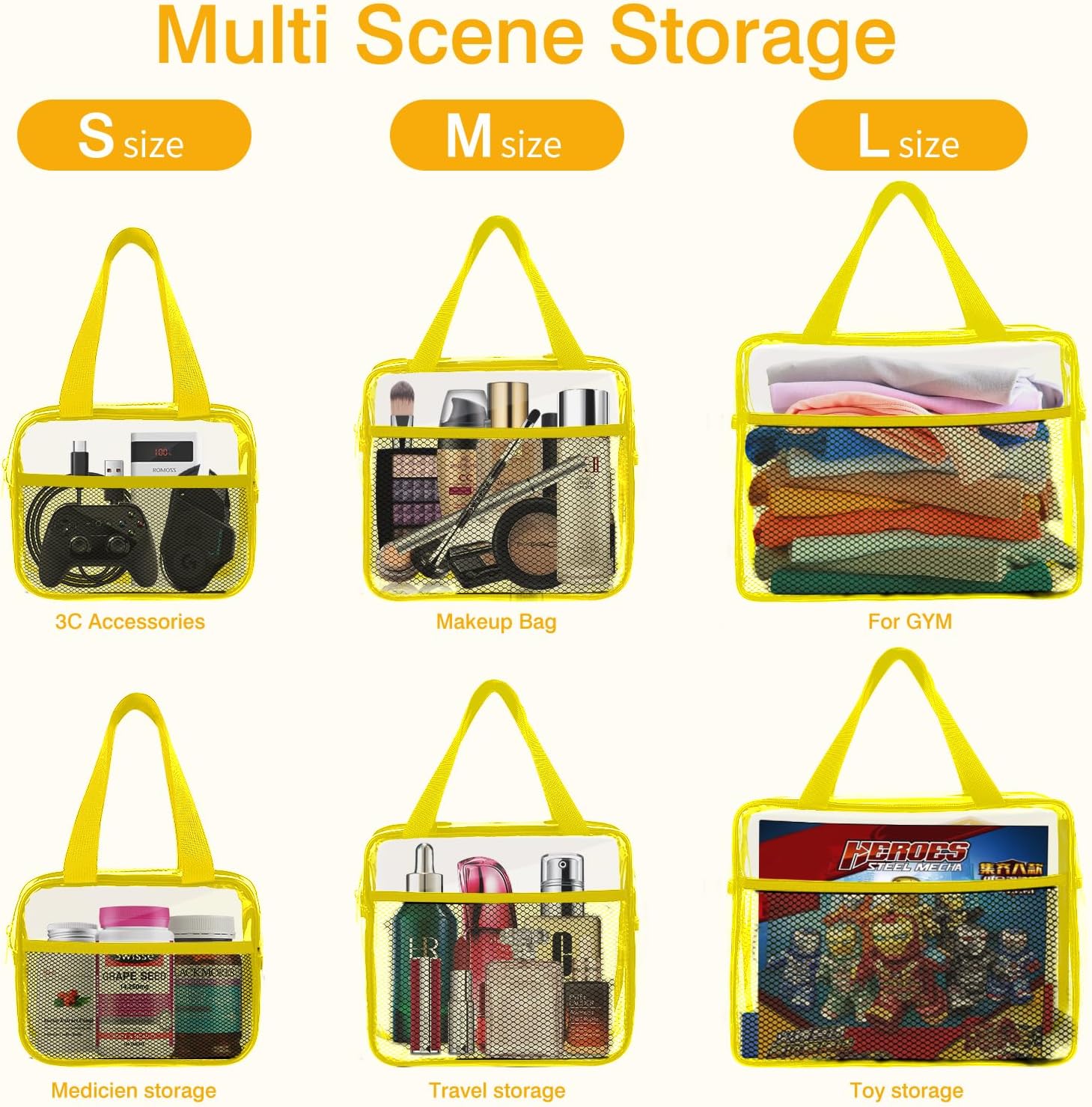 XEWEA Clear Travel Toiletry Bags, 3 Pack TSA Approved Transparent Makeup Bag for Men Women,Large Waterproof PVC Quart Organizer Kit with Zipper for Toiletries Airline Essential,Toy Pouch Yellow - Roamly