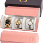 Ladies Leather Watch Rolls for Women - Hexagon Triple Watch Roll Travel Case for 3 Watches - Storage Organizer Genuine Leather with Velvet Interior Display (Woven Pink/Gray)