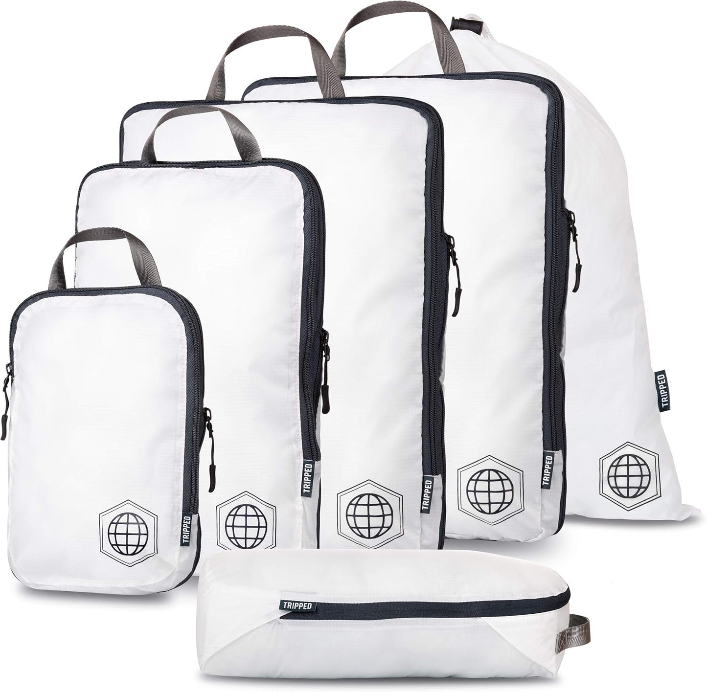 Large Compression Packing Cubes 6 Piece Set for Travel with Lightweight Laundry Bag for Carry-On Suitcase by TRIPPED Travel Gear (White) - Roamly
