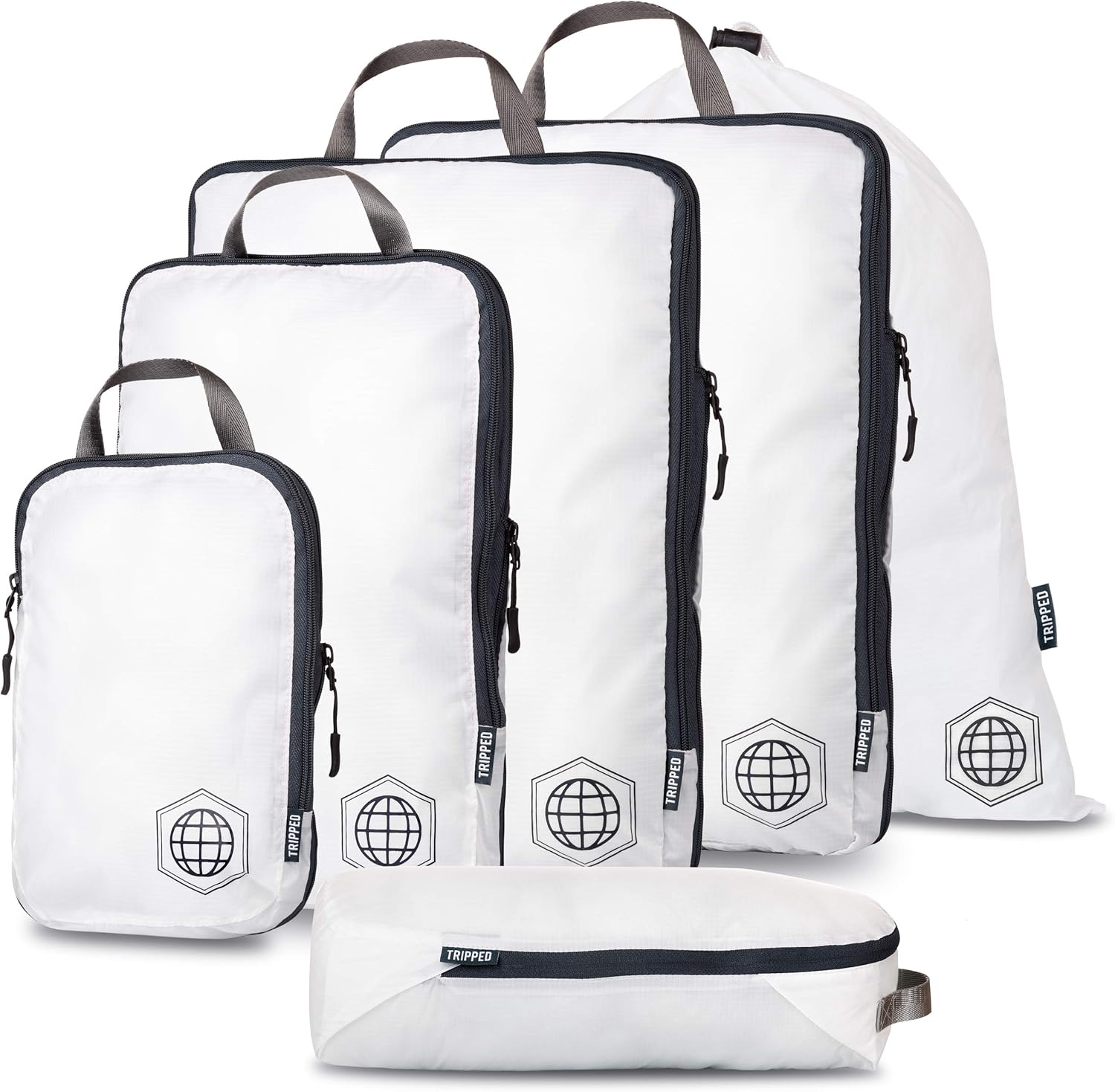 Large Compression Packing Cubes 6 Piece Set for Travel with Lightweight Laundry Bag for Carry-On Suitcase by TRIPPED Travel Gear (White) - Roamly