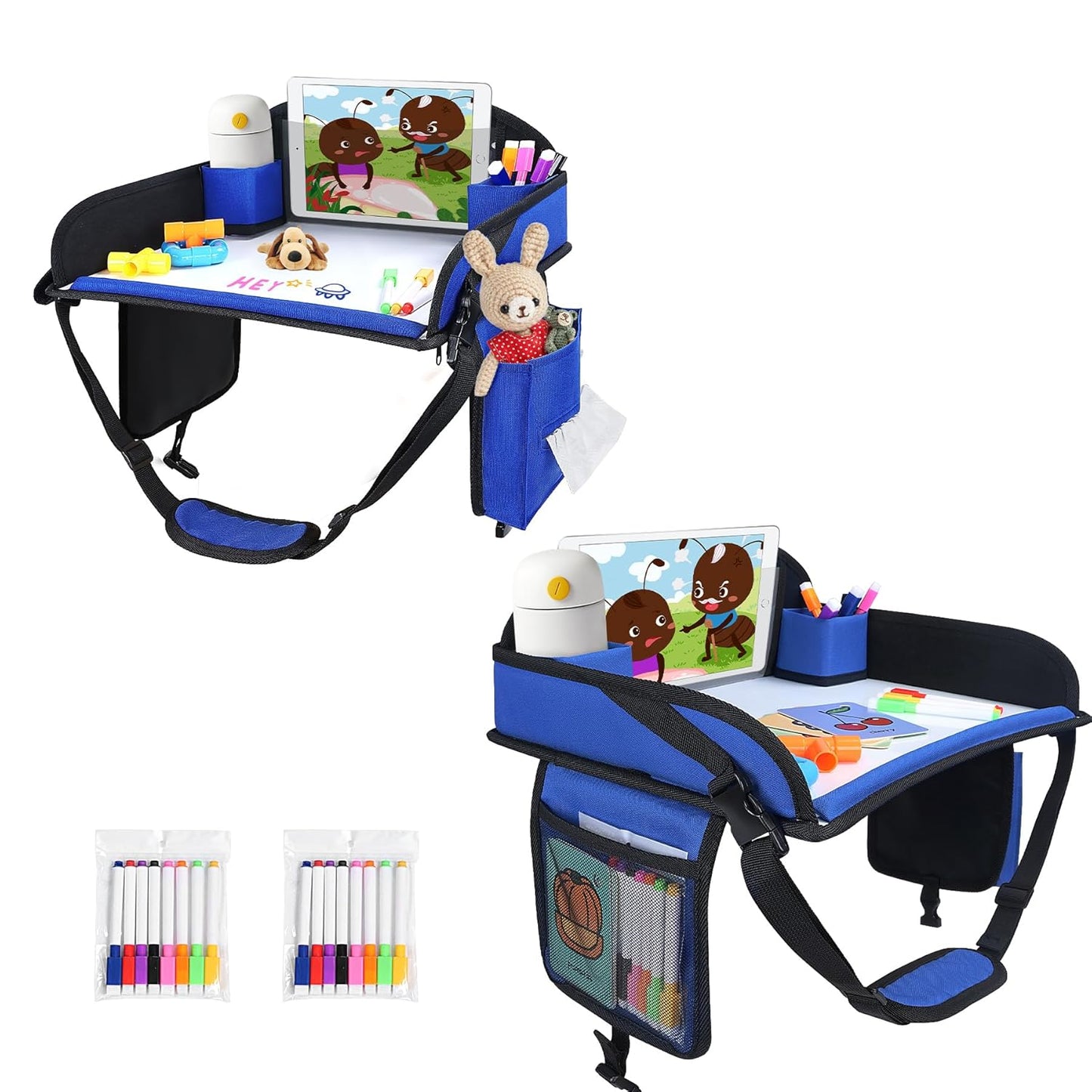 2Pcs‎ Kids Travel Tray, Kids Travel Trays for Car Seat, Road Trip Essentials for Toddler, Carseat Lap Tray with Dry Erase Board & Storage Organizer for Road Trip Activities for Kid, Blue