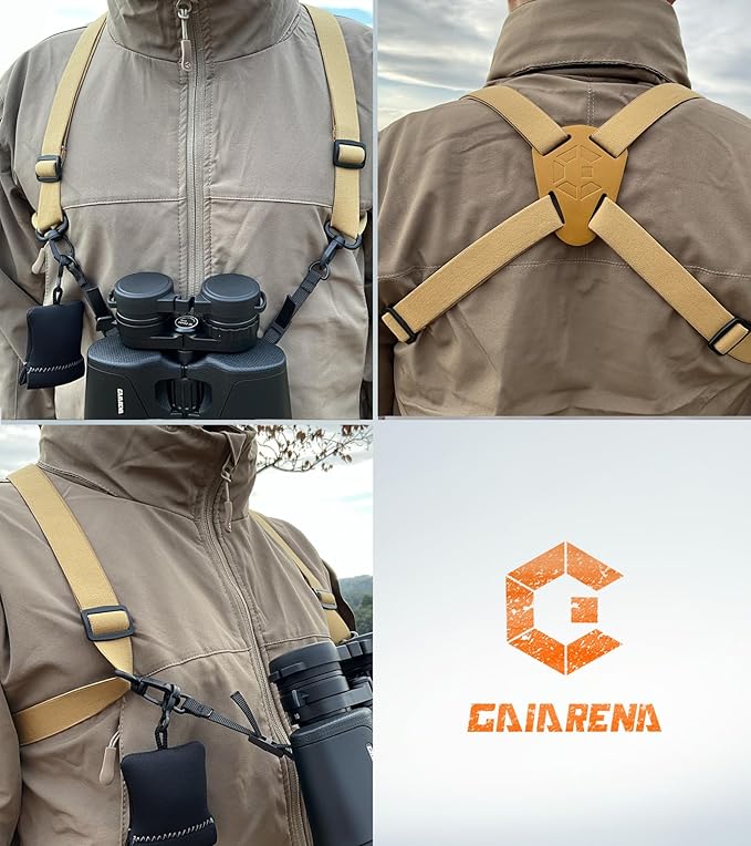 GAIARENA Binocular Harness - Adjustable Cross Bino Strap for Hunting Hiking Birding with Lens Cleaning Cloth - Tan