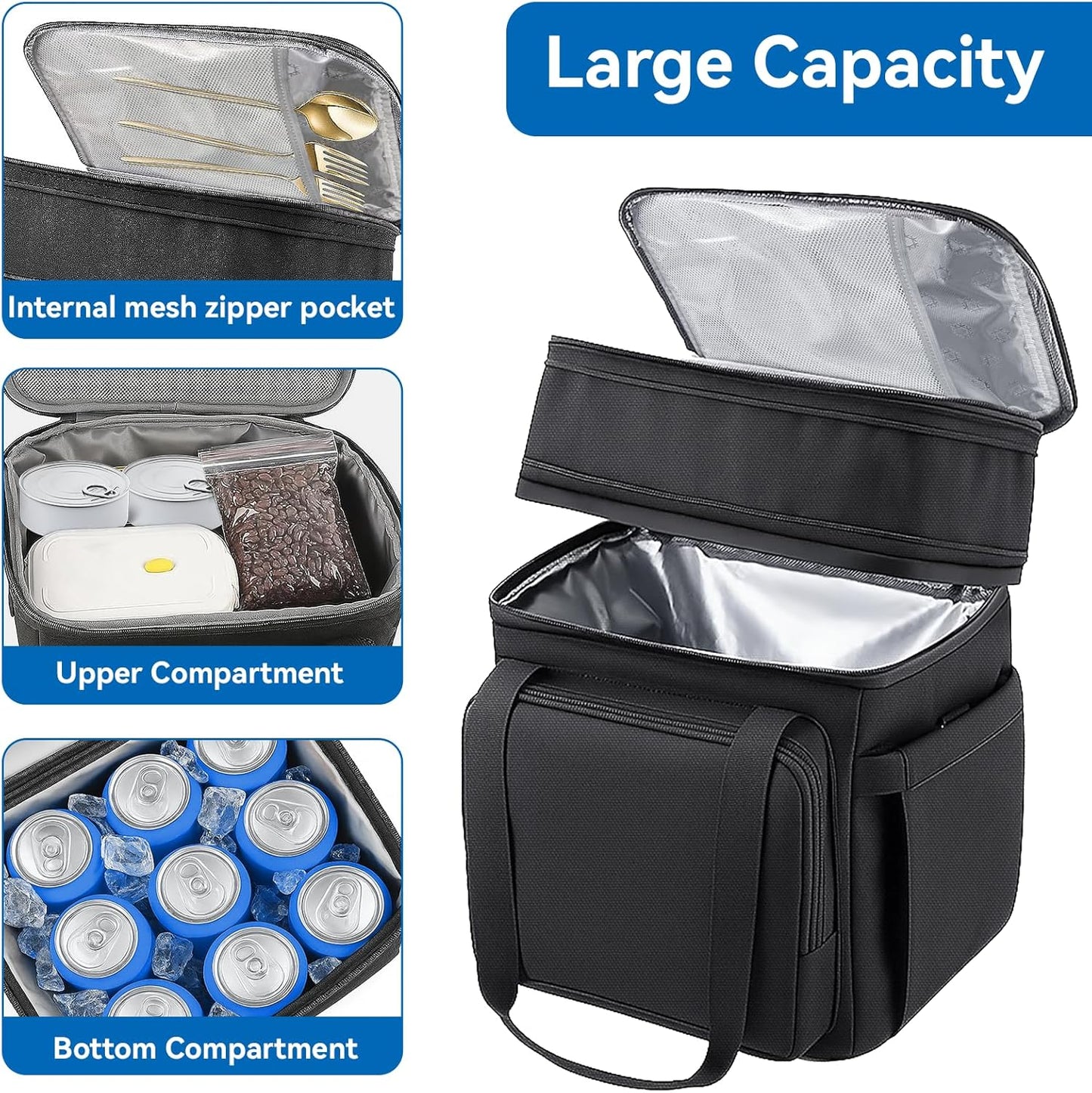 Lunch Box for Men Women, Large Expandable Insulated Lunch Bag, Double Deck Leakproof Cooler Bag for Adults Work Office Outdoor Beach Trips, Black 16L