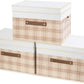 TYEERS Collapsible Storage Bins with Lids, Patchwork Design, Washable, Fabric Storage Boxes, 14.9x9.8x9.8 inches, 3 Pack, Camel Tan