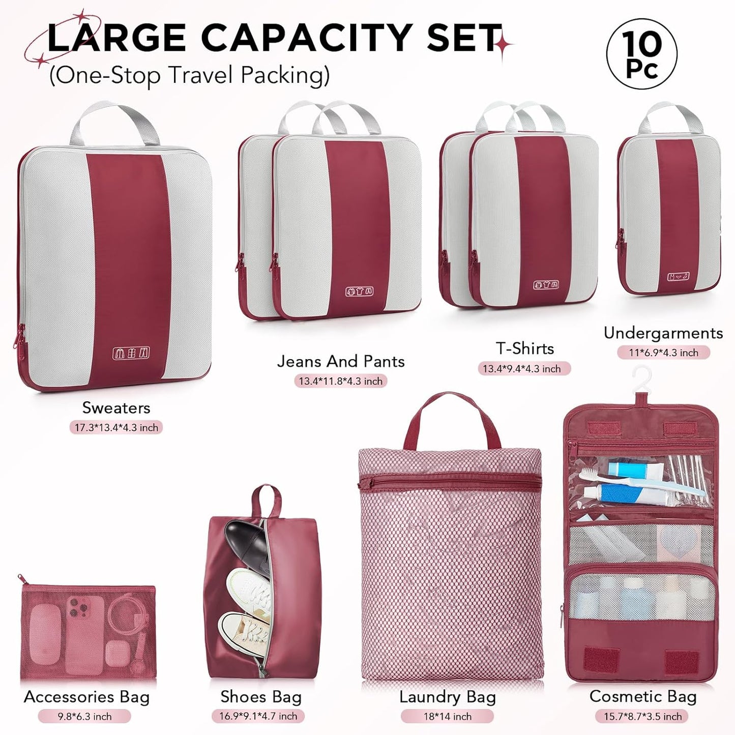 10 Set Compression Packing Cubes for Travel Essentials,Compressible Expandable Packing Cubes for Suitcase,OlarHike Luggage Organizer Bags for Travel,Handy Helper for Organizing Clothes(Wine Red) - Roamly