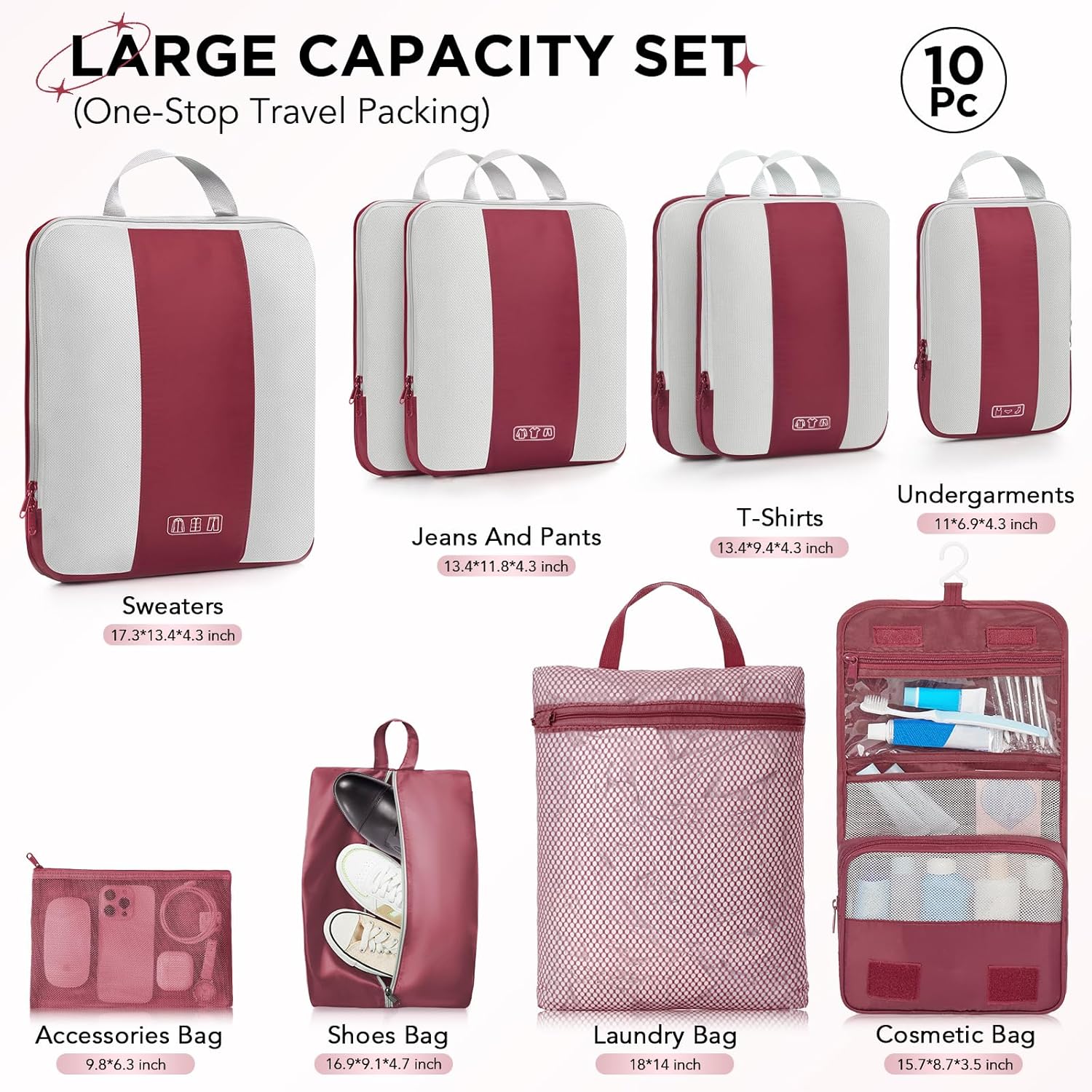 10 Set Compression Packing Cubes for Travel Essentials,Compressible Expandable Packing Cubes for Suitcase,OlarHike Luggage Organizer Bags for Travel,Handy Helper for Organizing Clothes(Wine Red) - Roamly