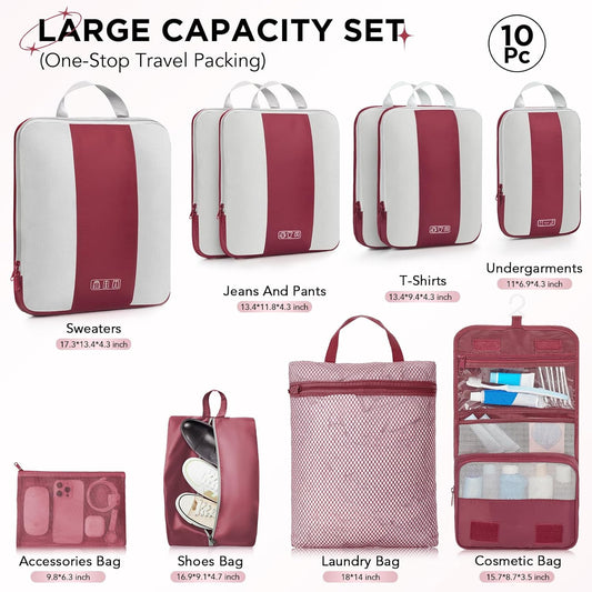 10 Set Compression Packing Cubes for Travel Essentials,Compressible Expandable Packing Cubes for Suitcase,OlarHike Luggage Organizer Bags for Travel,Handy Helper for Organizing Clothes(Wine Red) - Roamly