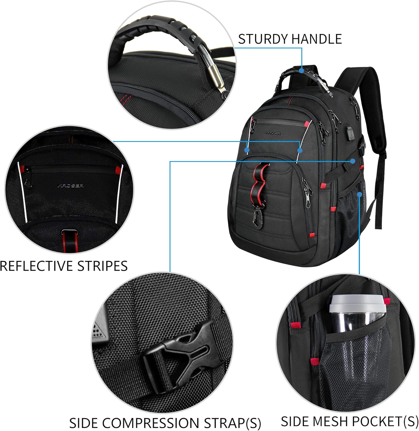KROSER Travel Laptop Backpack 17.3 inch XL Computer Backpack Stylish College Backpack with RFID Pockets USB Charging Port REFLECTIVE STRIPS Water-Repellent Daypack for Business/Men - Roamly