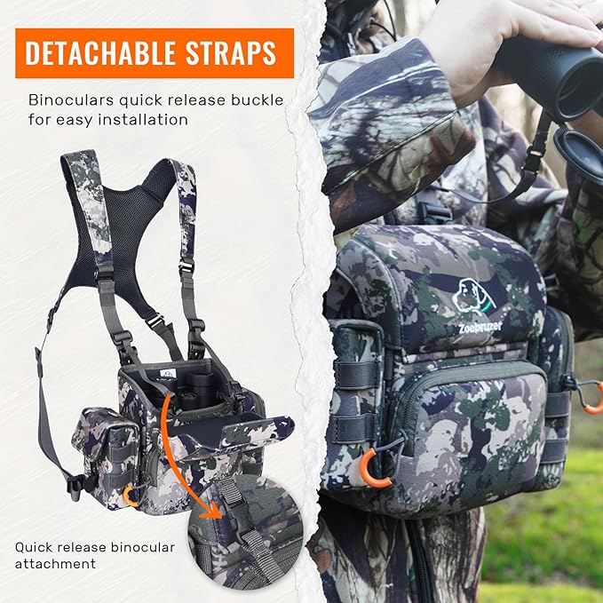 Binocular Harness Chest Pack, Bino Harness Bag with Rangefinder Pouch & Rain Cover, Molle System Multifunction Hunting Pack