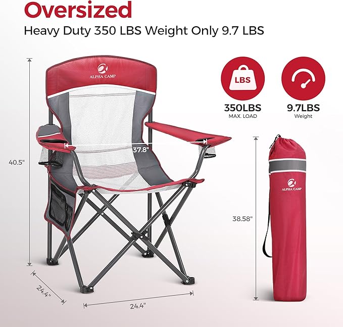 ALPHA CAMP 2PC Oversized Mesh Back Camping Folding Chair Heavy Duty Support 350 LBS Collapsible Steel Frame Quad Chair Padded Arm Chair with Cup Holder Portable for Outdoor (Red-2PC)