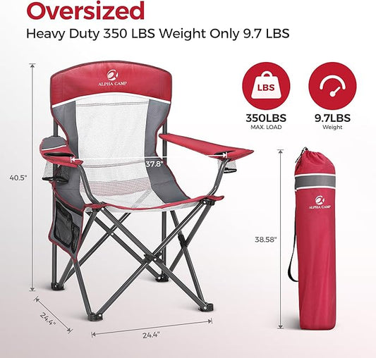 ALPHA CAMP 2PC Oversized Mesh Back Camping Folding Chair Heavy Duty Support 350 LBS Collapsible Steel Frame Quad Chair Padded Arm Chair with Cup Holder Portable for Outdoor (Red-2PC)