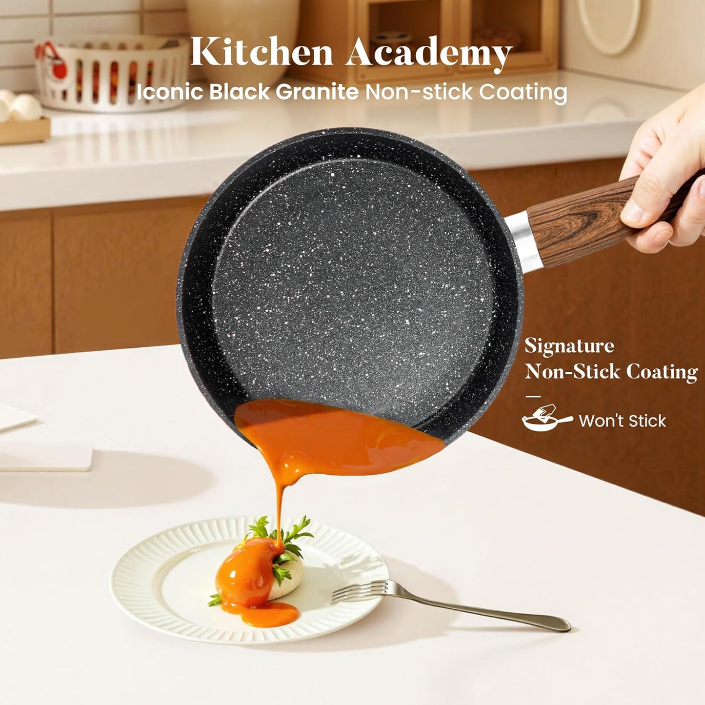 Kitchen Academy Induction Cookware Set-17 Piece Non-stick Cooking Pan Set, Black Granite Pots and Pans Set