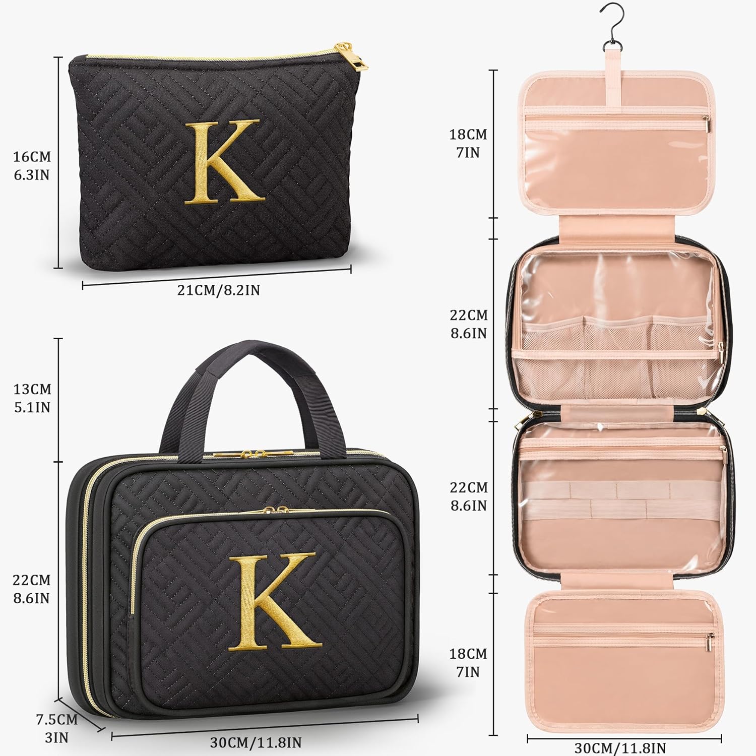 Personalized Gifts for Women, Initial Toiletry Bag Hanging Travel Organizer & Makeup Cosmetic Bag with Embroidery Letter Teacher Appreciation Gift Birthday Mothers Day Gifts for Mom Wife Friend Sister - Roamly