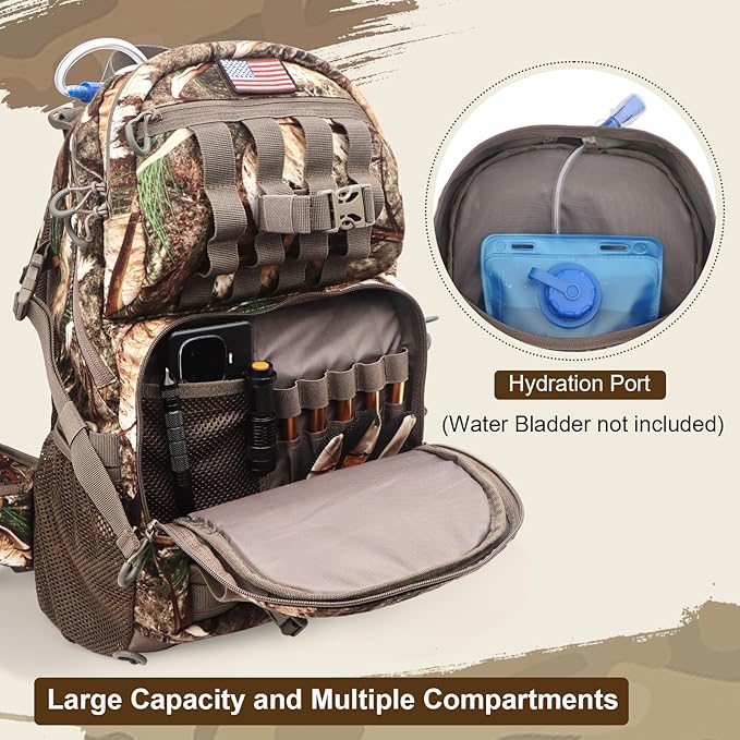 Hunting Backpack, Camo Hunting Backpacks & duffle Bags, Water-resistant Long-Lasting Large Capacity Bow Backpack Hunting Pack For Hunting Gear Accessories (Stealth Reed Camo)