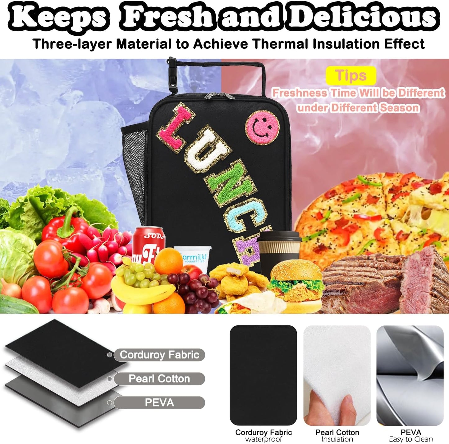 FlowFly Lunch box Insulated Soft Bag Mini Cooler Back to School Thermal Meal Tote Kit With Buckle and Mesh Side Pocket for Girls, Boys, BlackWithLetter